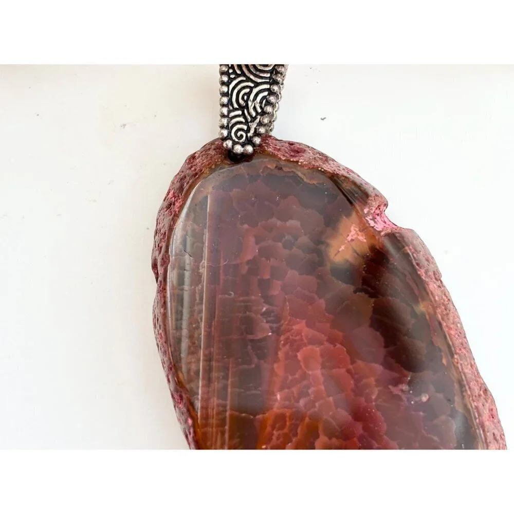 Red Sliced Agate Smooth Crystal Freeform Large Silver Toned Vintage Pendant
